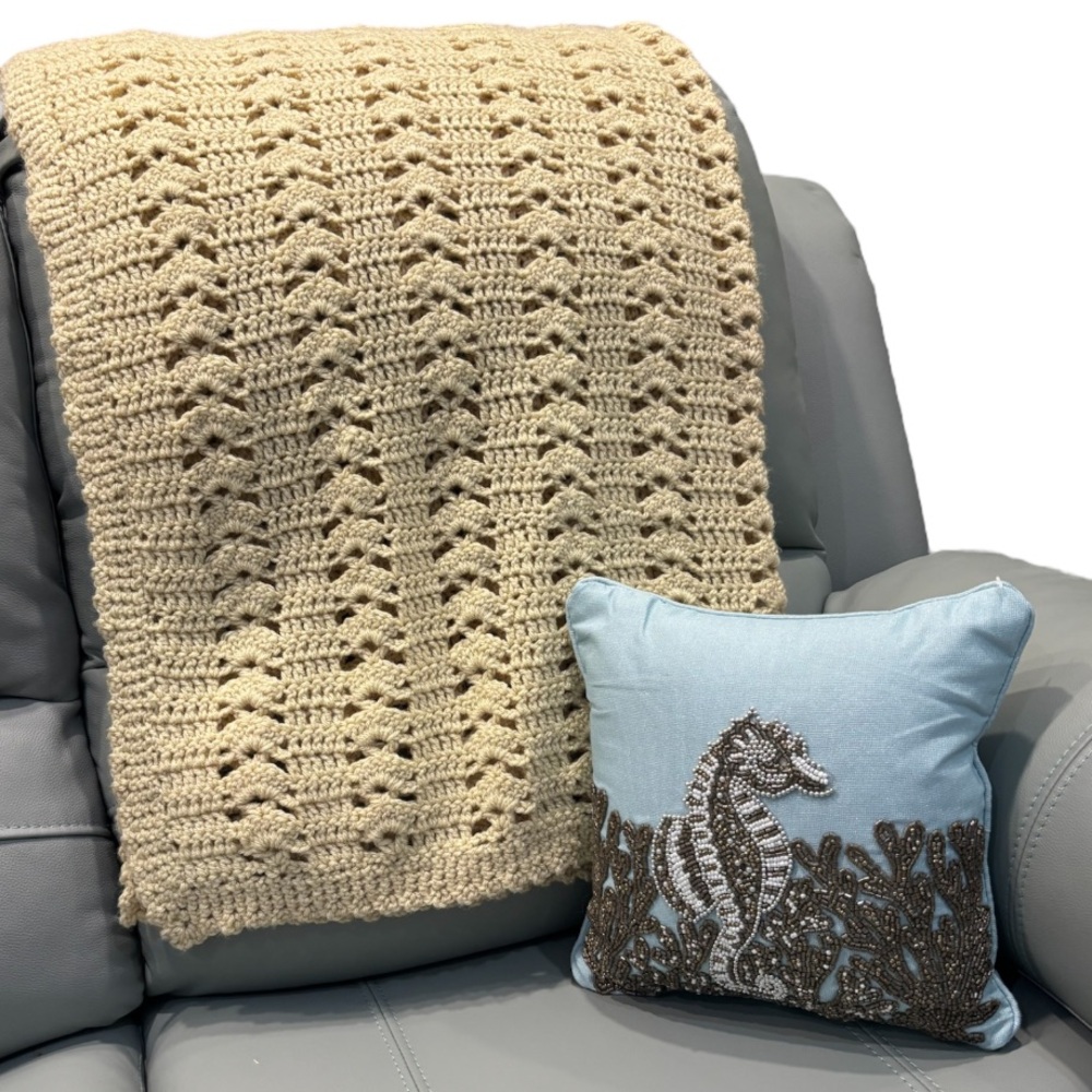 Vintage Crochet Afghan Throw 80s Handmade Blanket Quilt Queen Roseanne Ivory Tan
